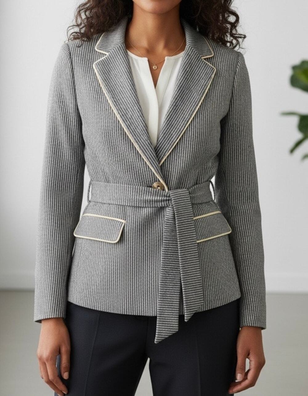 Apostrophe Cotton Striped Blazer Jacket With Belt Sz 18W